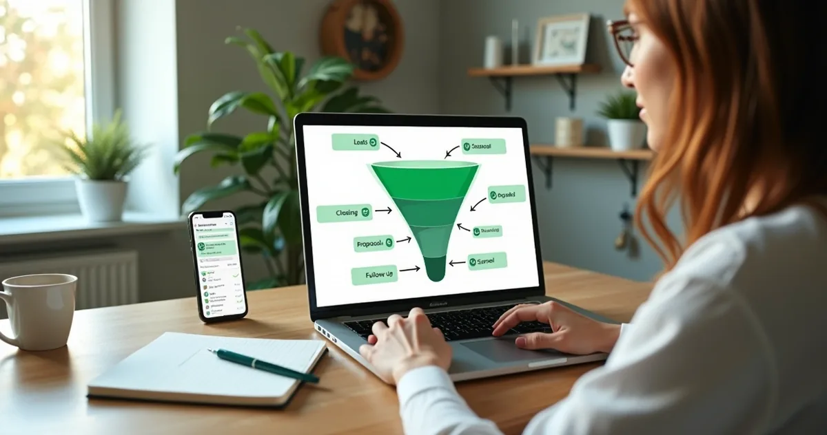 Mulher organizando funil de vendas no WhatsApp em notebook com ícones de mensagens e gráficos