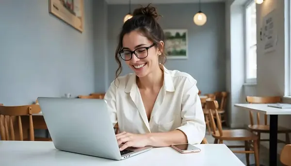 Young woman typing on a laptop in a stylish cafe setting