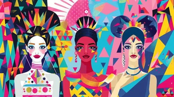 Three women wearing colorful headdresses and makeup against a bright geometric background