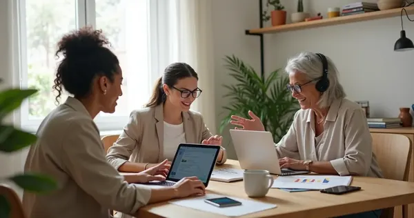 Três mulheres de idades diferentes trabalhando juntas em ambiente de home office