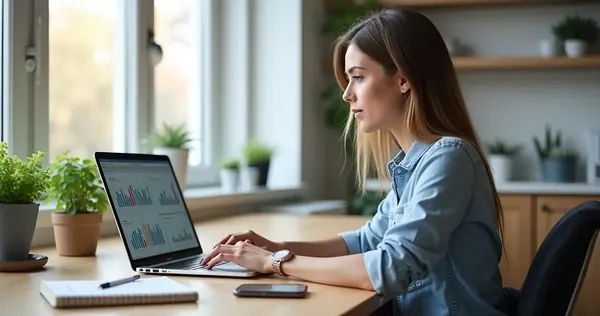 Mulher trabalhando focada em vendas remotamente no notebook em home office organizado