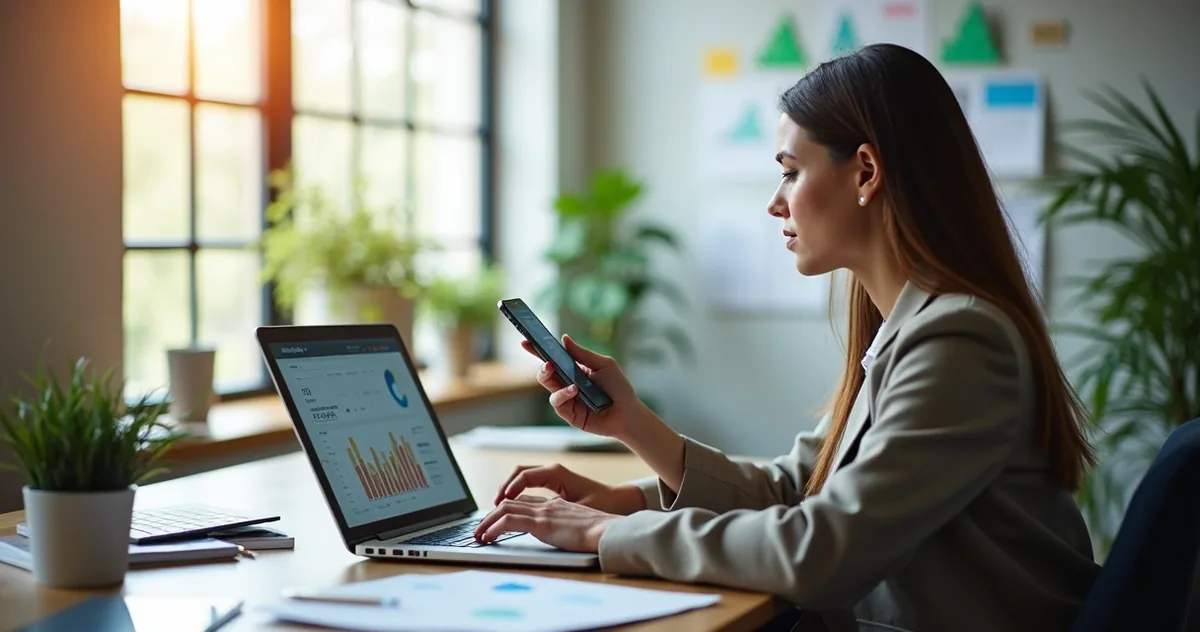 Profissional realizando vendas online com notebook e smartphone em ambiente moderno e organizado