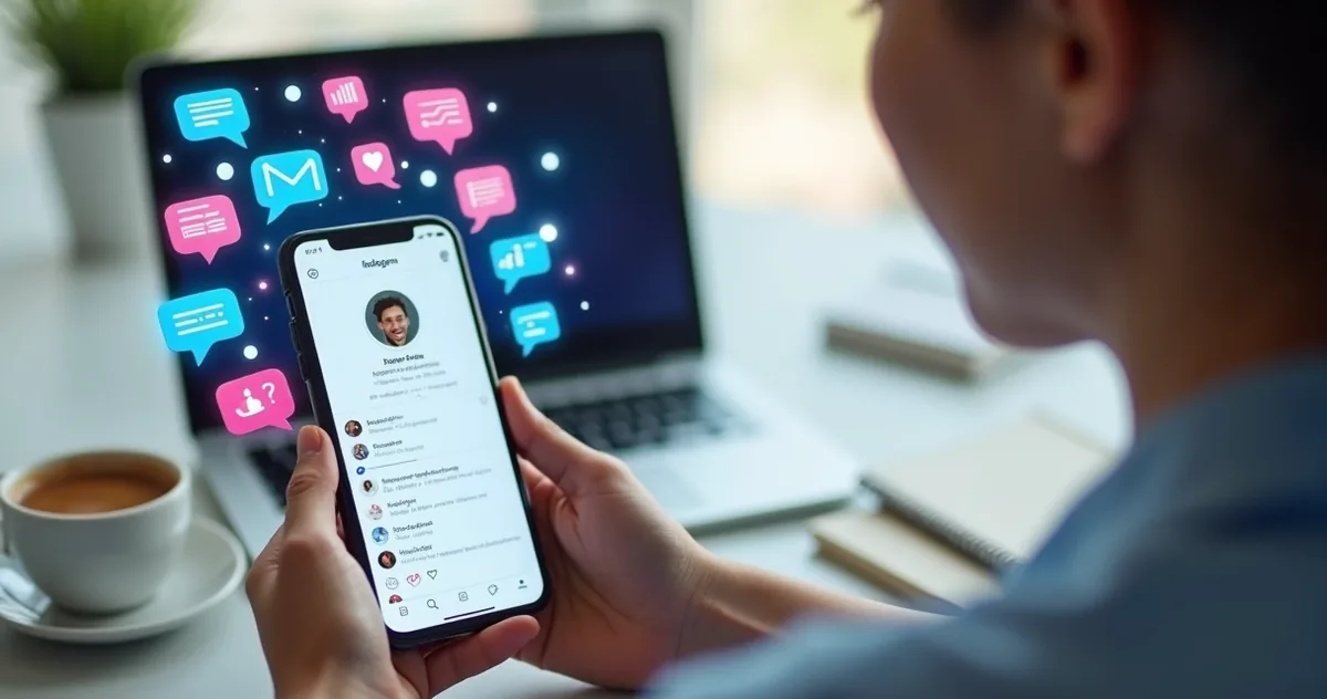 Pessoa analisando perfil do Instagram no smartphone com gráficos de crescimento e ícones de mensagem ao redor