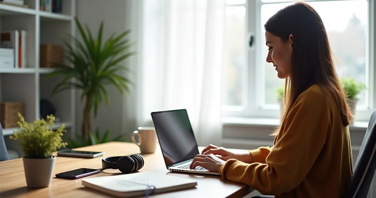 Pessoa trabalhando em home office com laptop, cadernos e caneca em mesa organizada