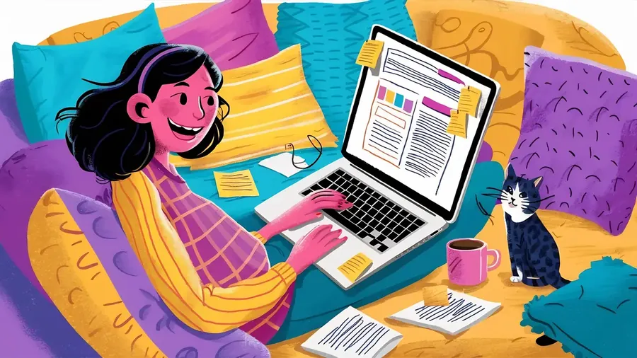 Happy female freelancer working on laptop at home