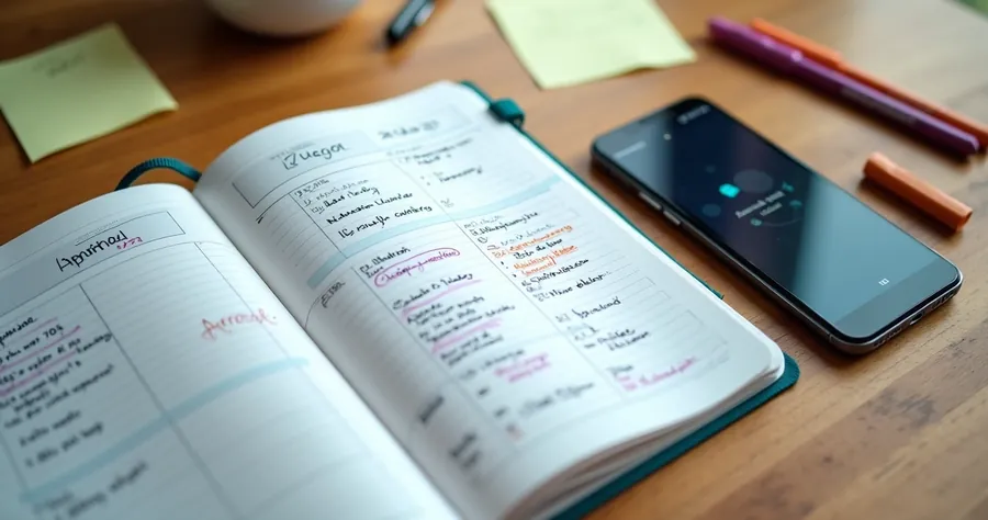 Agenda aberta com horários marcados e calendário ao lado