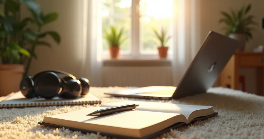 Mesa de trabalho organizada com laptop, caderno e fone.