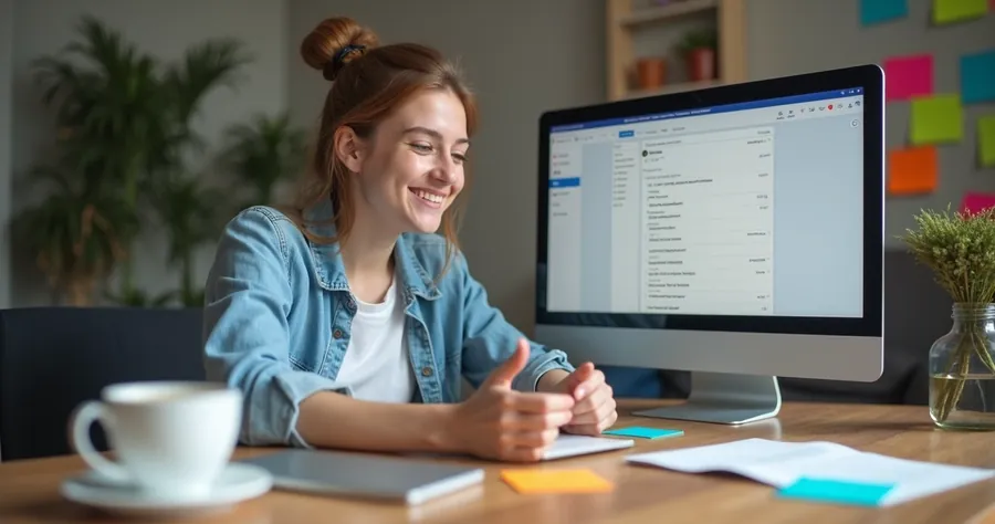 Pessoa sorrindo, laptop aberto, primeira campanha de email marketing sendo configurada 