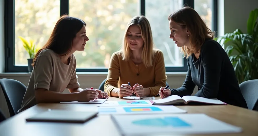 Grupo analisando gráficos de vendas impresso em sala iluminada