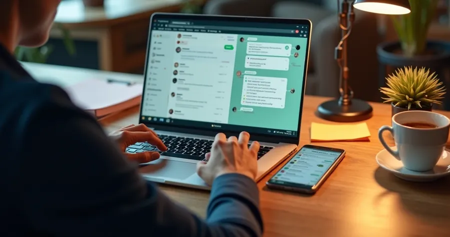 Pessoa usando WhatsApp para networking de vendas em notebook e smartphone 