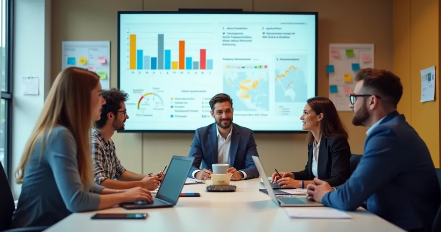 Equipe de vendas digitais reunida discutindo estratégias em marketplace