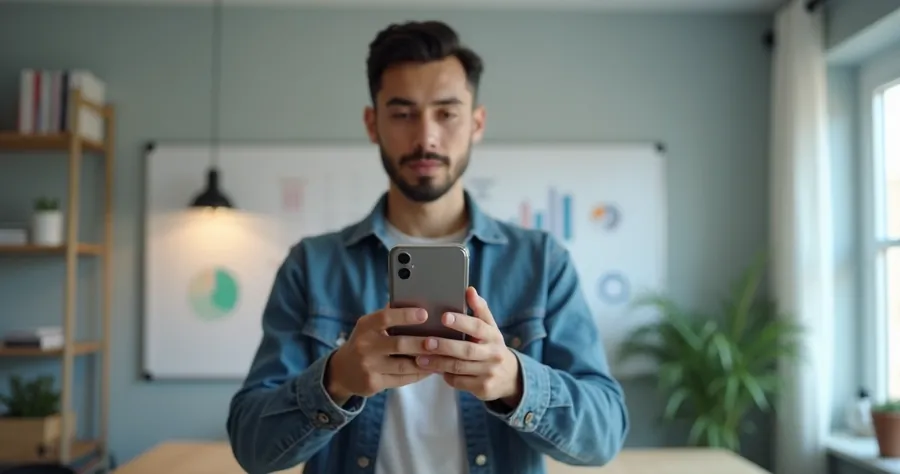 Homem gravando vídeo curto com fundo de escritório moderno 