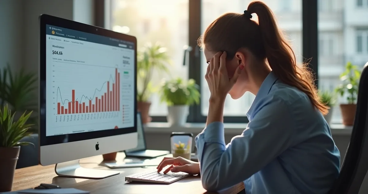 Mulher diante de computador frustrada com vendas online, tela mostra gráficos negativos e mensagens de erro, ambiente de escritório moderno e luz natural
