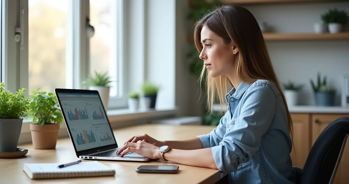 Mulher trabalhando focada em vendas remotamente no notebook em home office organizado