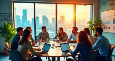 Ambiente de escritório moderno com profissionais discutindo sobre marketing digital e gráficos ao fundo.