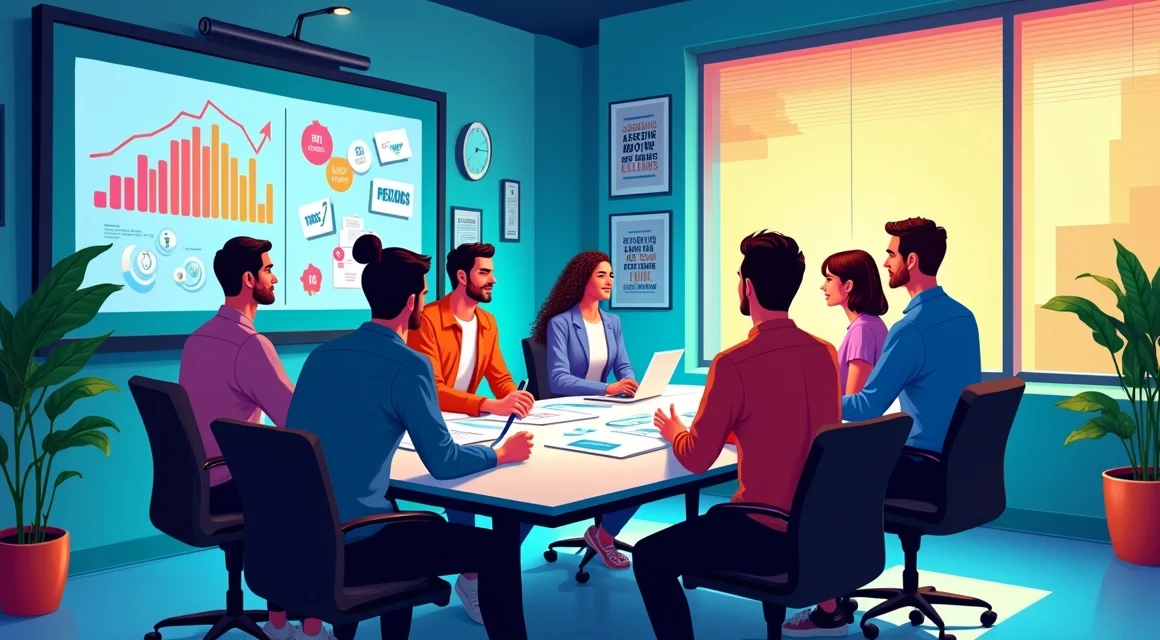Reunião de estratégia de vendas digitais em um escritório moderno com gráficos coloridos e profissionais animados.