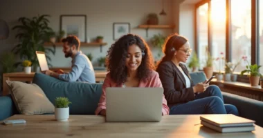 Pessoas trabalhando remotamente em casa usando laptops e smartphones em ambientes confortáveis e modernos