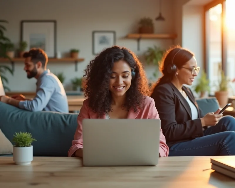 Pessoas trabalhando remotamente em casa usando laptops e smartphones em ambientes confortáveis e modernos