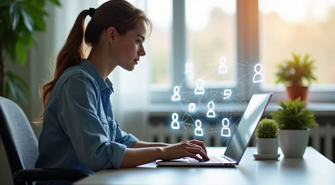 Pessoa trabalhando em home office com laptop e conexão digital ilustrada com ícones de clientes e comunicação
