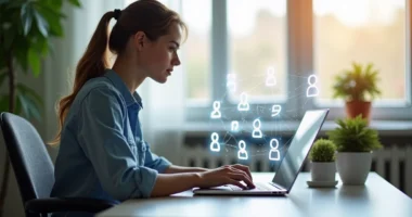 Pessoa trabalhando em home office com laptop e conexão digital ilustrada com ícones de clientes e comunicação