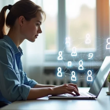 Pessoa trabalhando em home office com laptop e conexão digital ilustrada com ícones de clientes e comunicação