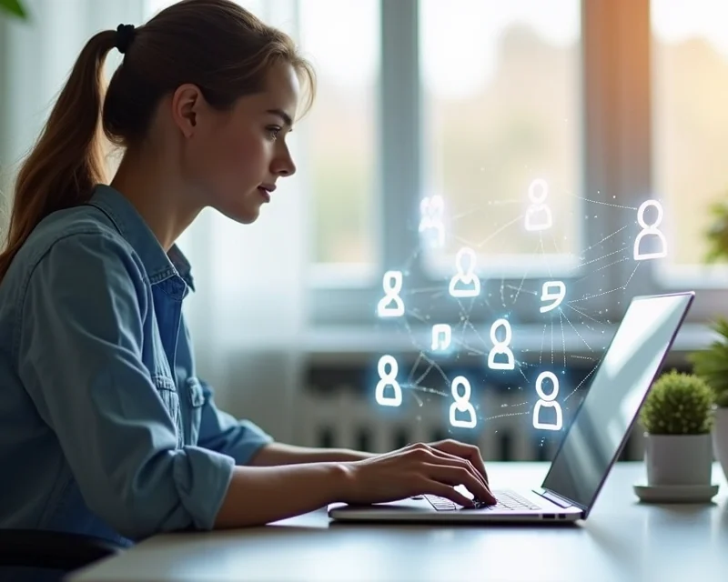 Pessoa trabalhando em home office com laptop e conexão digital ilustrada com ícones de clientes e comunicação