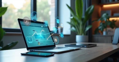 Mesa organizada com laptop, smartphone, tablet e acessórios digitais modernos, símbolos de ferramentas digitais ao fundo