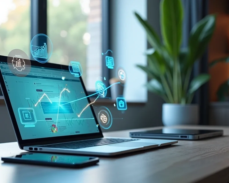 Mesa organizada com laptop, smartphone, tablet e acessórios digitais modernos, símbolos de ferramentas digitais ao fundo