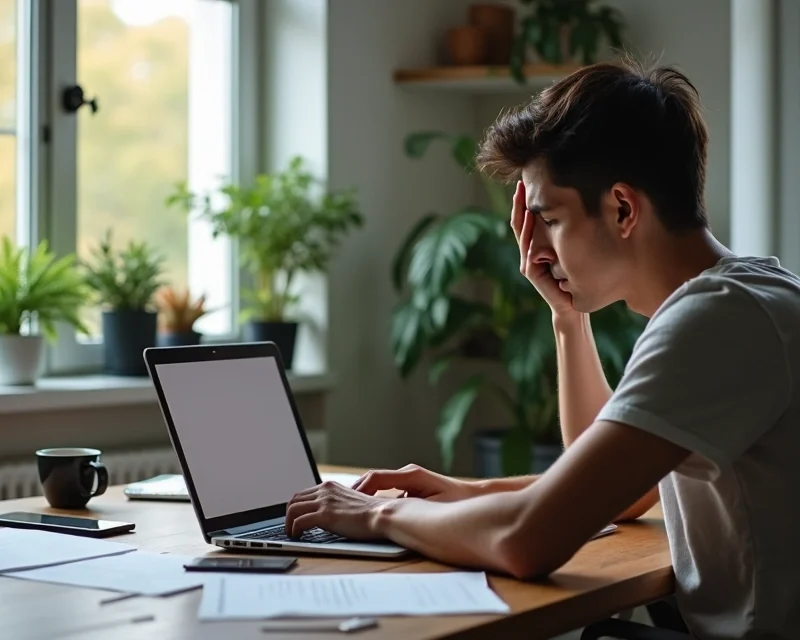Pessoa sentada em escritório doméstico com expressão frustrada diante do computador, ambiente de trabalho com papéis espalhados e luz natural