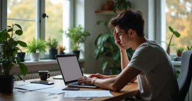 Pessoa sentada em escritório doméstico com expressão frustrada diante do computador, ambiente de trabalho com papéis espalhados e luz natural