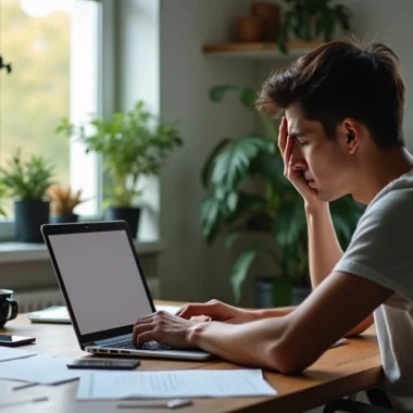 Pessoa sentada em escritório doméstico com expressão frustrada diante do computador, ambiente de trabalho com papéis espalhados e luz natural