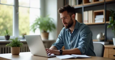 Lucas Feffer trabalhando em escritório moderno com laptop e anotações, ambiente iluminado e profissional