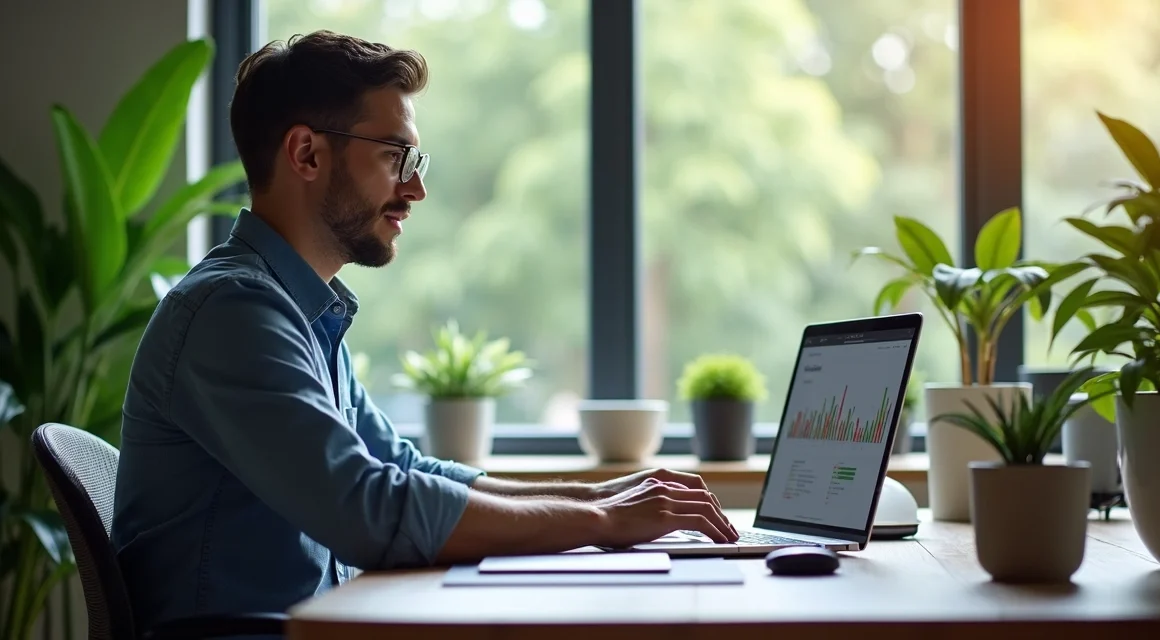 Lucas Feffer sentado em escritório moderno trabalhando em computador com ambiente de home office organizado e plantas ao fundo