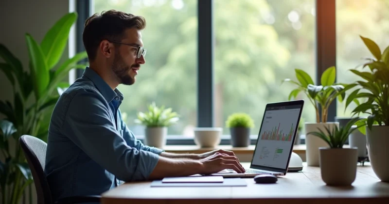 Lucas Feffer sentado em escritório moderno trabalhando em computador com ambiente de home office organizado e plantas ao fundo