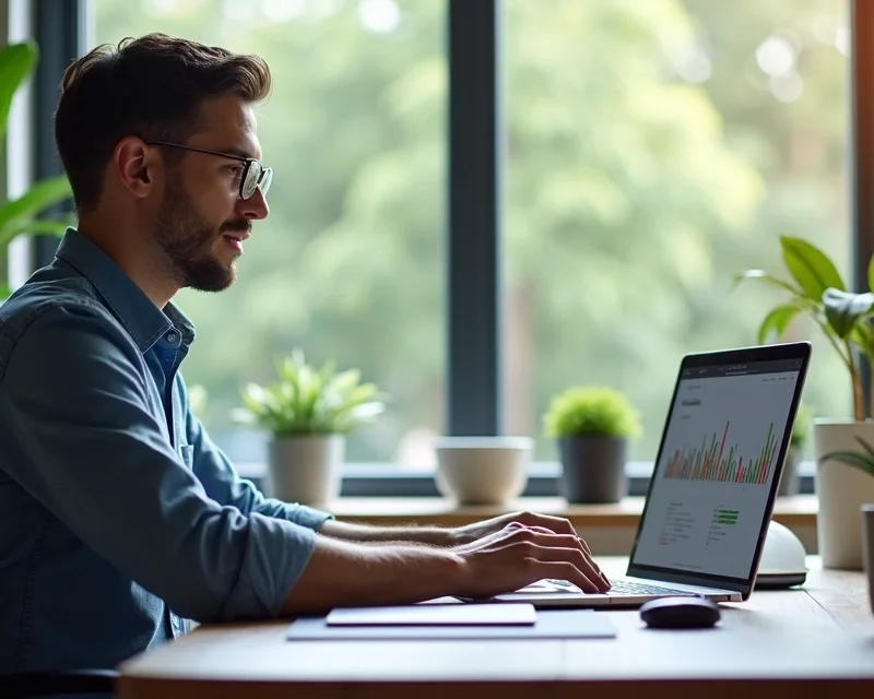 Lucas Feffer sentado em escritório moderno trabalhando em computador com ambiente de home office organizado e plantas ao fundo