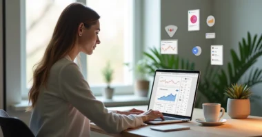 Mulher trabalhando remotamente em casa, usando notebook para vendas online em ambiente moderno e iluminado