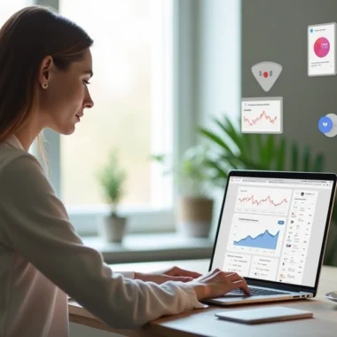 Mulher trabalhando remotamente em casa, usando notebook para vendas online em ambiente moderno e iluminado