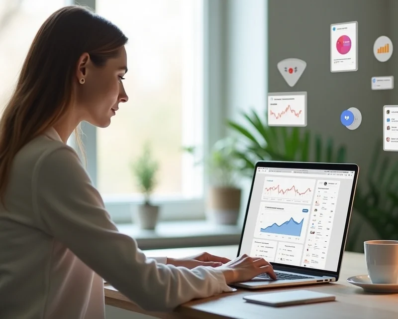 Mulher trabalhando remotamente em casa, usando notebook para vendas online em ambiente moderno e iluminado