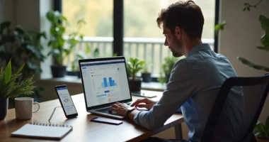 Profissional trabalhando como Closer Digital em ambiente de home office moderno e organizado, com notebook, agenda e smartphone à mesa