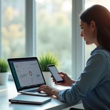 Profissional realizando vendas online com laptop e smartphone em ambiente moderno e iluminado