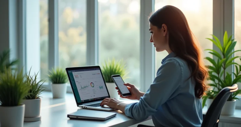 Profissional realizando vendas online com laptop e smartphone em ambiente moderno e iluminado