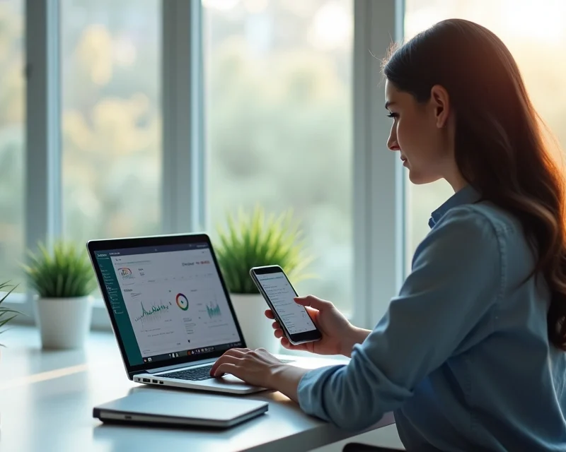 Profissional realizando vendas online com laptop e smartphone em ambiente moderno e iluminado