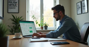 Profissional realizando vendas online em ambiente de home office com notebook e anotações