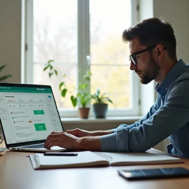 Profissional realizando vendas online em ambiente de home office com notebook e anotações