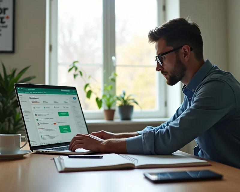 Profissional realizando vendas online em ambiente de home office com notebook e anotações
