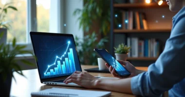 Profissional usando laptop e smartphone com gráficos digitais de autoridade e crescimento ao fundo