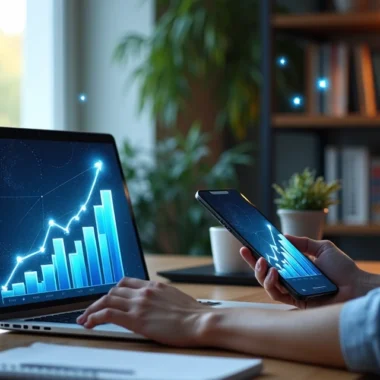 Profissional usando laptop e smartphone com gráficos digitais de autoridade e crescimento ao fundo