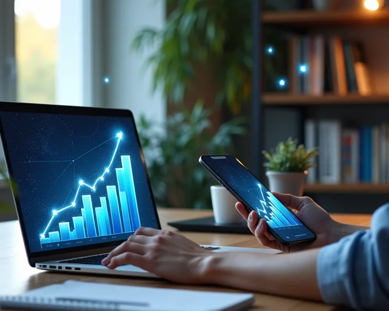 Profissional usando laptop e smartphone com gráficos digitais de autoridade e crescimento ao fundo