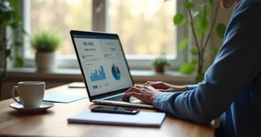 Profissional trabalhando remotamente em laptop com gráficos e funil de vendas digitais na tela
