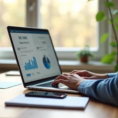 Profissional trabalhando remotamente em laptop com gráficos e funil de vendas digitais na tela